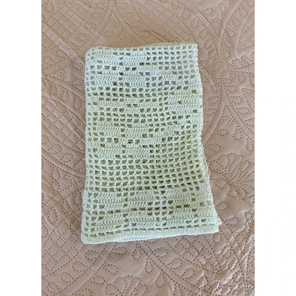 Handmade Vintage Crochet Newborn Baby Afghan Off White Loose Weave Heirloom Gift